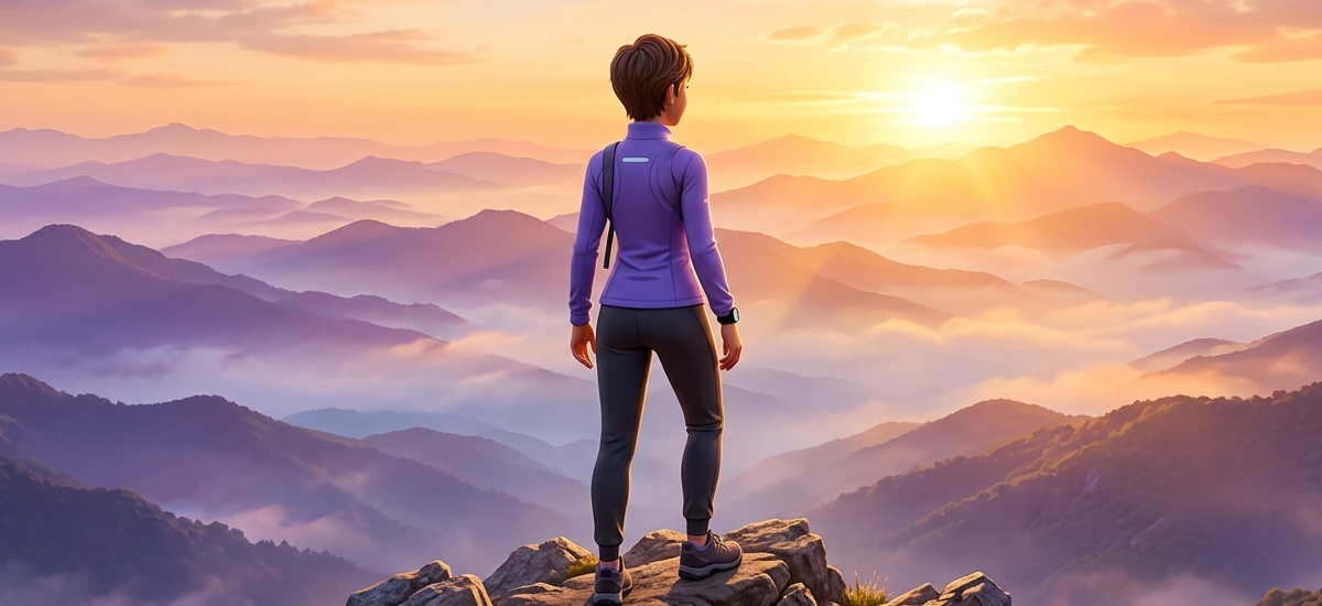 Person on mountain peak watching sunrise
