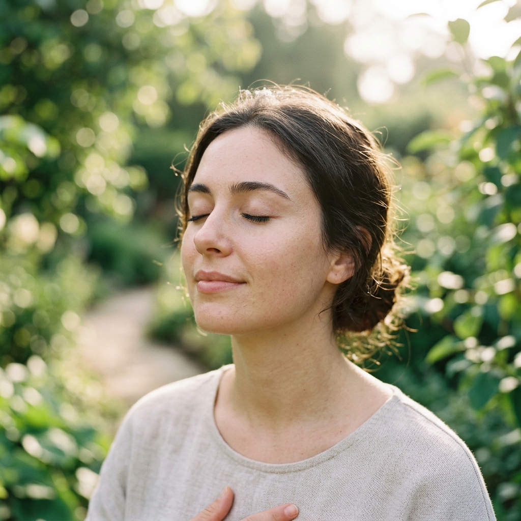 Woman taking a calm deep breath