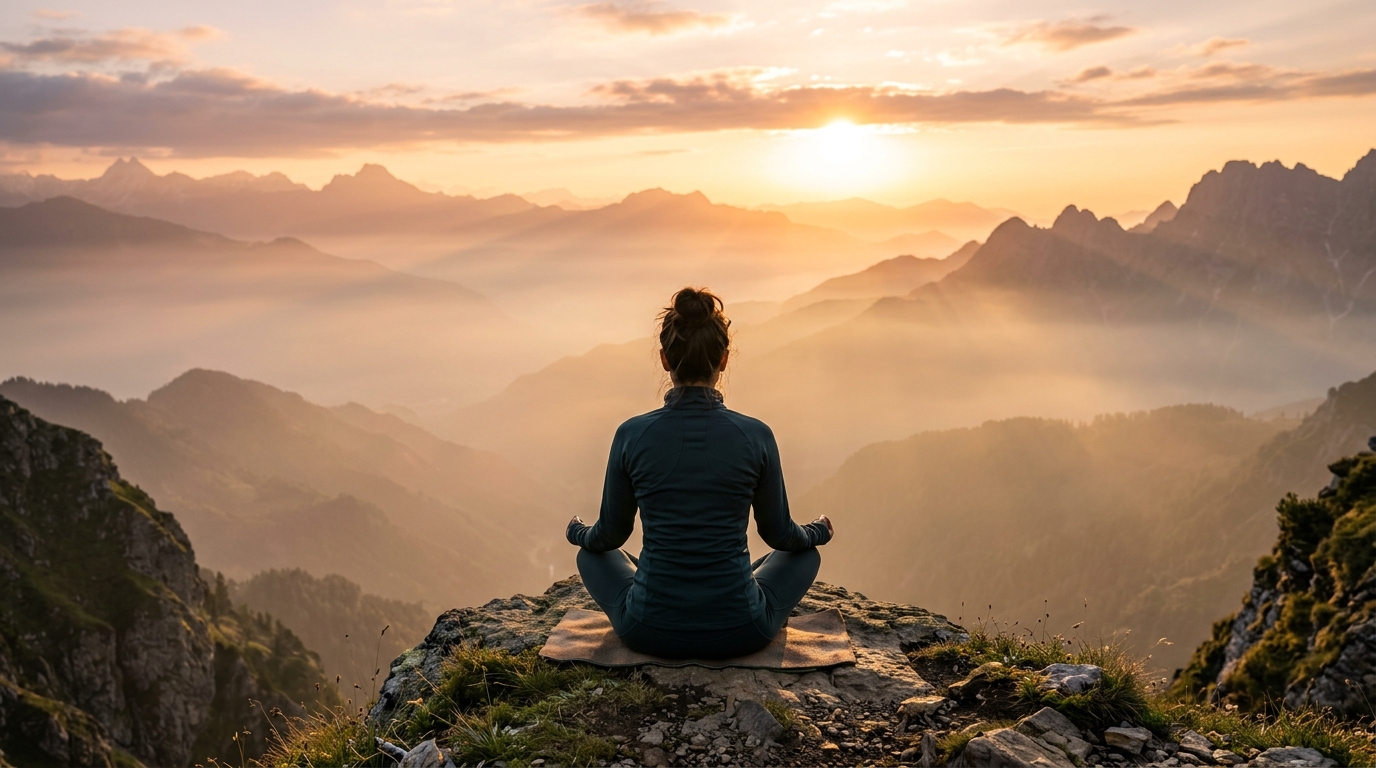 Woman meditating on mountain ridge during golden sunrise